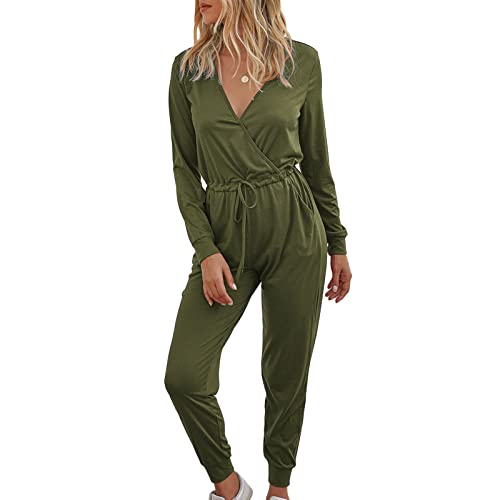 Cocoarm Damen Jumpsuit lang Einteiler Overall V-Ausschnitt Langarm Playsuit Elegant Casual Overalls Einfarbig Romper Hosenanzug Romper(XXL-Armeegrün) von Cocoarm