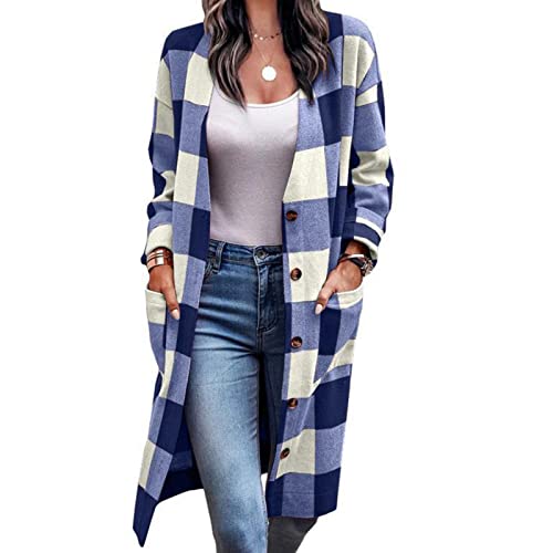 Cocoarm Damen Karierte Hemd Jacke Langarm Shacket Hemdjacke Karo Hemd Bluse Mantel mit Knöpfen Lang Freizeitjacke Oberteile mit Tasche(3XL-Blau) von Cocoarm