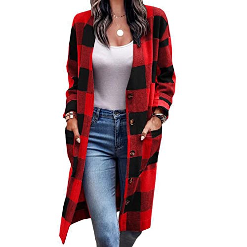 Cocoarm Damen Karierte Hemd Jacke Langarm Shacket Hemdjacke Karo Hemd Bluse Mantel mit Knöpfen Lang Freizeitjacke Oberteile mit Tasche(3XL-rot) von Cocoarm