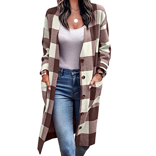 Cocoarm Damen Karierte Hemd Jacke Langarm Shacket Hemdjacke Karo Hemd Bluse Mantel mit Knöpfen Lang Freizeitjacke Oberteile mit Tasche(L-Hellbraun) von Cocoarm