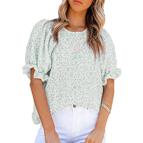 Cocoarm Damen Kurzarm Top Elegant Blumendruck Chiffon Bluse Rundhalsausschnitt Sommer Top Atmungsaktiver Stoff Stilvoll Rüschenbündchen Baggy Top für den Alltag Im Büro (M) von Cocoarm