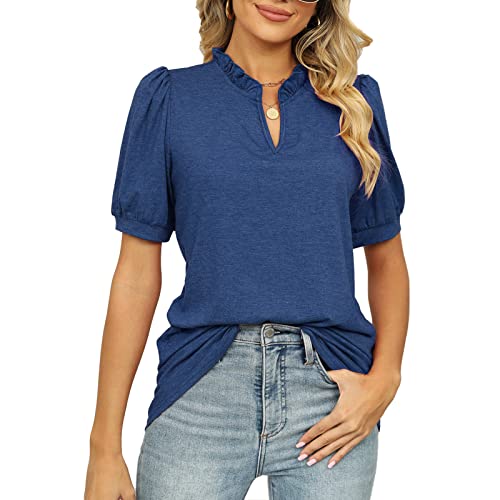 Cocoarm Damen Kurzarm Top Sommer Frühling Pullover Bluse Stilvolle Puffärmel Lässige Bluse V-Ausschnitt Sommer Pullover Top (L) von Cocoarm