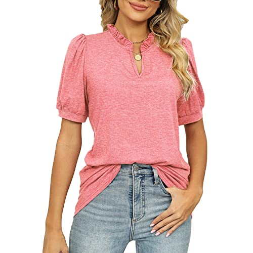 Cocoarm Damen Kurzarm Top Sommer Frühling Pullover Bluse Stilvolle Puffärmel Lässige Bluse V-Ausschnitt Sommer Pullover Top (L) von Cocoarm