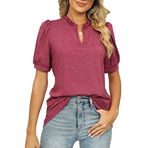 Cocoarm Damen Kurzarm Top Sommer Frühling Pullover Bluse Stilvolle Puffärmel Lässige Bluse V-Ausschnitt Sommer Pullover Top (L) von Cocoarm