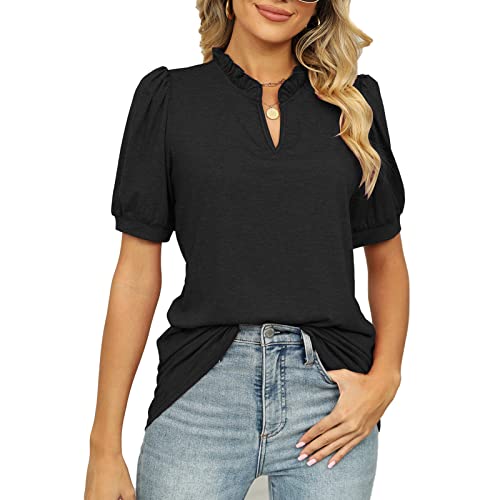 Cocoarm Damen Kurzarm Top Sommer Frühling Pullover Bluse Stilvolle Puffärmel Lässige Bluse V-Ausschnitt Sommer Pullover Top (M) von Cocoarm