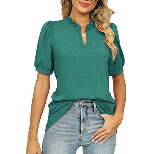 Cocoarm Damen Kurzarm Top Sommer Frühling Pullover Bluse Stilvolle Puffärmel Lässige Bluse V-Ausschnitt Sommer Pullover Top (XL) von Cocoarm