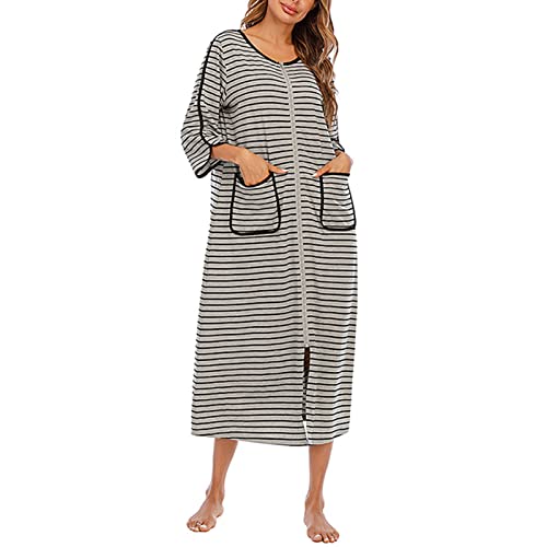 Cocoarm Damen Lang Morgenmantel Gestreiftes Langes Nachthemd mit 3/4 Ärmel Reißverschluss Rundhals Nachtwäsche mit Tasche Weiche Gemütliche Robe Loungewear Hausmantel(S-Grau) von Cocoarm