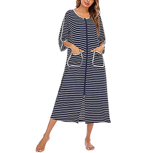 Cocoarm Damen Lang Morgenmantel Gestreiftes Langes Nachthemd mit 3/4 Ärmel Reißverschluss Rundhals Nachtwäsche mit Tasche Weiche Gemütliche Robe Loungewear Hausmantel(m-Navy blau) von Cocoarm