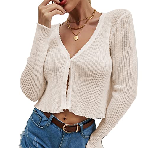 Cocoarm Damen Langarm Strickjacke V Ausschnitt Kurz Cardigan Damenoberteil für Frühling, Sommer und Herbst(L-Aprikose) von Cocoarm