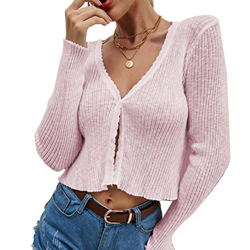 Cocoarm Damen Langarm Strickjacke V Ausschnitt Kurz Cardigan Damenoberteil für Frühling, Sommer und Herbst(L-Rosa) von Cocoarm