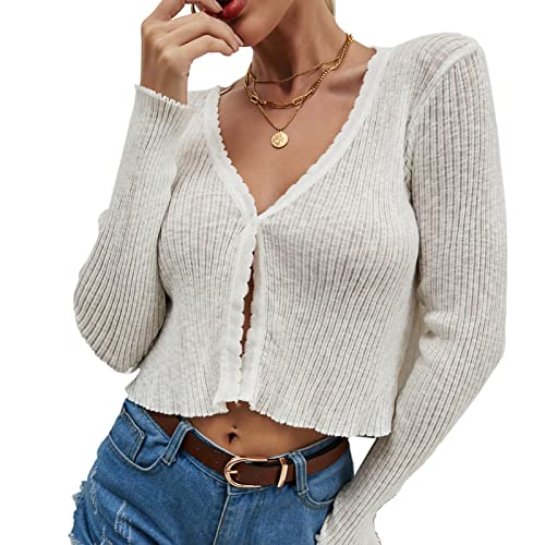 Cocoarm Damen Langarm Strickjacke V Ausschnitt Kurz Cardigan Damenoberteil für Frühling, Sommer und Herbst(L-Weiß) von Cocoarm