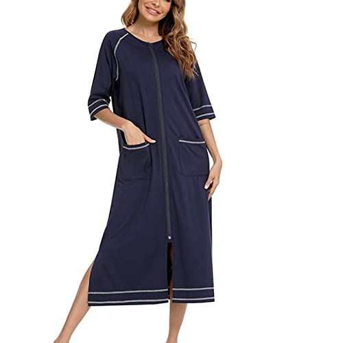 Cocoarm Damen Nachthemd Casual Langes Morgenmantel Halbarm Nachthemden mit Reißverschluss Nachtwäsche mit Taschen Loungewear (L-Navy blau) von Cocoarm