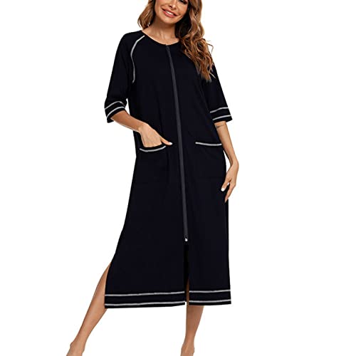 Cocoarm Damen Nachthemd Casual Langes Morgenmantel Halbarm Nachthemden mit Reißverschluss Nachtwäsche mit Taschen Loungewear (L-Schwarz) von Cocoarm