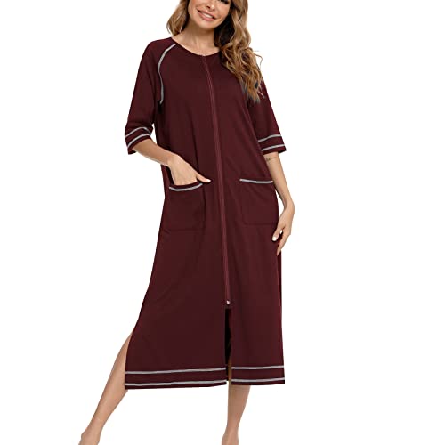 Cocoarm Damen Nachthemd Casual Langes Morgenmantel Halbarm Nachthemden mit Reißverschluss Nachtwäsche mit Taschen Loungewear (L-Weinrot) von Cocoarm