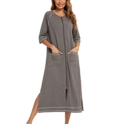 Cocoarm Damen Nachthemd Casual Langes Morgenmantel Halbarm Nachthemden mit Reißverschluss Nachtwäsche mit Taschen Loungewear (S-Grau) von Cocoarm