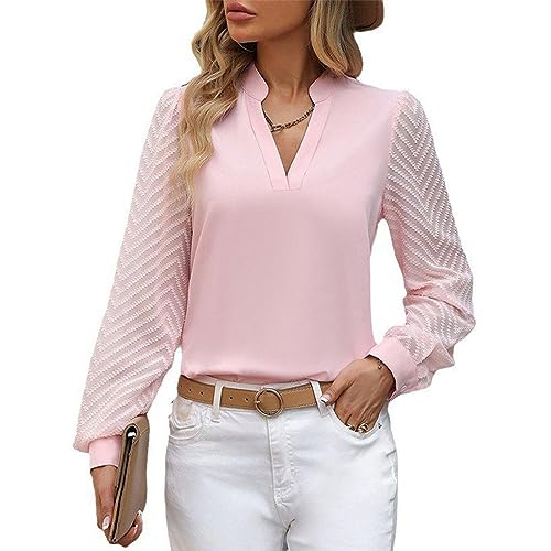 Cocoarm Damen-Oberteil mit V-Ausschnitt, Spitze, Langärmelig, Einfarbig, Legere, Taillierte Bluse, Damen-Bluse für Arbeit und Business, Langärmelige Pullover-Oberteile, Damen-Oberteile von Cocoarm