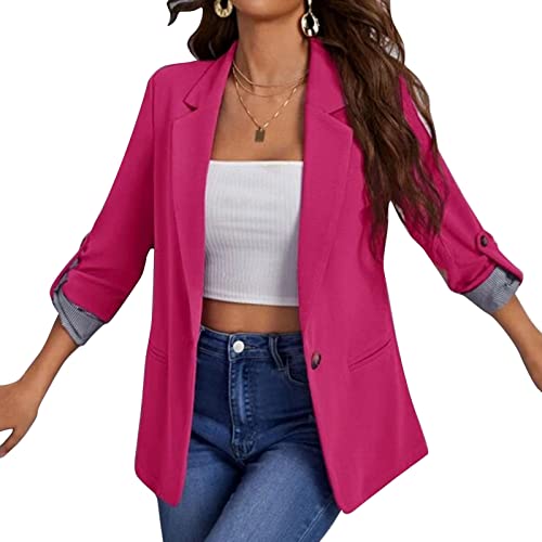 Cocoarm Damen Offen Blazer Anzugjacke Revers Langarm Longblazer Elegant Business Jacke Slim Fit Mantel üBergangsjacke Cardigan mit Seitentaschen(L-Rosenrot) von Cocoarm