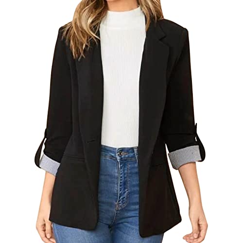 Cocoarm Damen Offen Blazer Anzugjacke Revers Langarm Longblazer Elegant Business Jacke Slim Fit Mantel üBergangsjacke Cardigan mit Seitentaschen(S-Schwarz) von Cocoarm