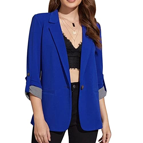 Cocoarm Damen Offen Blazer Anzugjacke Revers Langarm Longblazer Elegant Business Jacke Slim Fit Mantel üBergangsjacke Cardigan mit Seitentaschen(XL-Navy blau) von Cocoarm