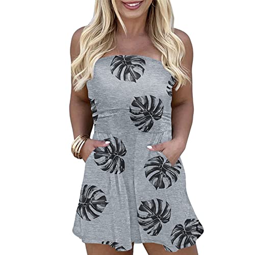 Cocoarm Damen Overall Sexy Bandeau Jumpsuit Ärmellose Strampler Hohe Taille Schulterfrei kurzer Sommer-Einteiler Trägerlos Weites Bein Playsuit mit Tasche Strand Beachwear Lässig Romper(m-Hellgrau) von Cocoarm