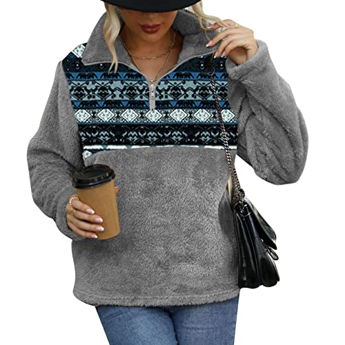 Cocoarm Damen Pullover Fleecejacke Sweatshirt Winter Warm Teddy Fleece Oberteil Langarm Casual Fuzzy Mantel für Frauen Langarmshirt Outwear mit Langarmshirt (L-Dunkelgrau) von Cocoarm