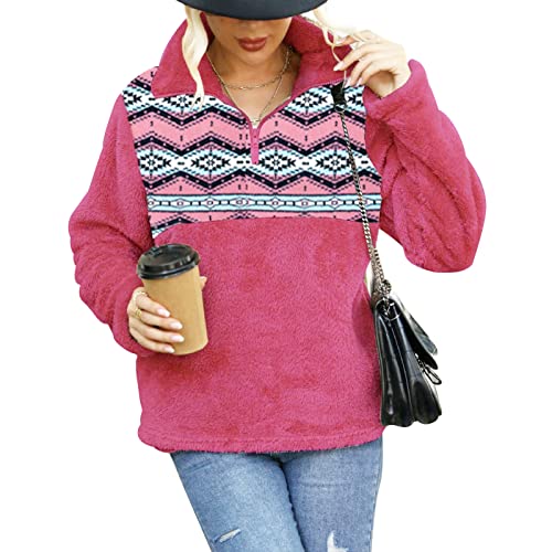 Cocoarm Damen Pullover Fleecejacke Sweatshirt Winter Warm Teddy Fleece Oberteil Langarm Casual Fuzzy Mantel für Frauen Langarmshirt Outwear mit Langarmshirt (XL-Fuchsie) von Cocoarm