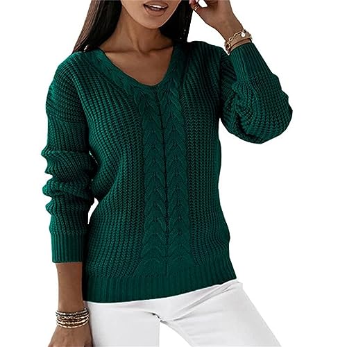 Cocoarm Damen-Pullover mit V-Ausschnitt, Locker Sitzender Pullover mit Zopfmuster, Jumoer, Reine Farbe, Leichte Pullover (M) von Cocoarm