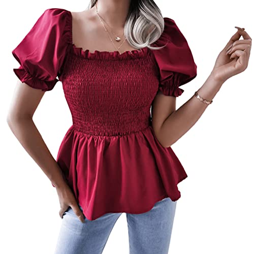 Cocoarm Damen Renaissance Bluse Kurze Ärmel Tops mit Rüschenhals Steampunk Victorian Tops Kurze Puffärmel Blusen Casualshirt mit Eckiger Ausschnitt Sommer Oberteil (S-rot) von Cocoarm