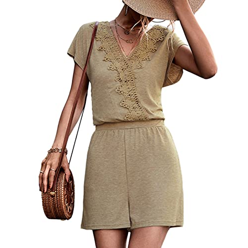 Cocoarm Damen Sommer Jumpsuit kurz Overall Elegant Playsuit V Ausschnitt mittlerer Taille gerade Shorts Kurzarm Romper Strand Spielanzug für Freizeit Zuhause Urlaub Outdoor(S-Khaki) von Cocoarm