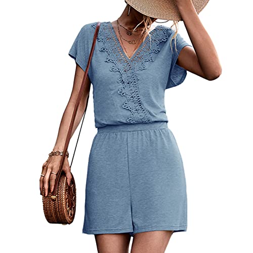 Cocoarm Damen Sommer Jumpsuit kurz Overall Elegant Playsuit V Ausschnitt mittlerer Taille gerade Shorts Kurzarm Romper Strand Spielanzug für Freizeit Zuhause Urlaub Outdoor(m-Blau) von Cocoarm