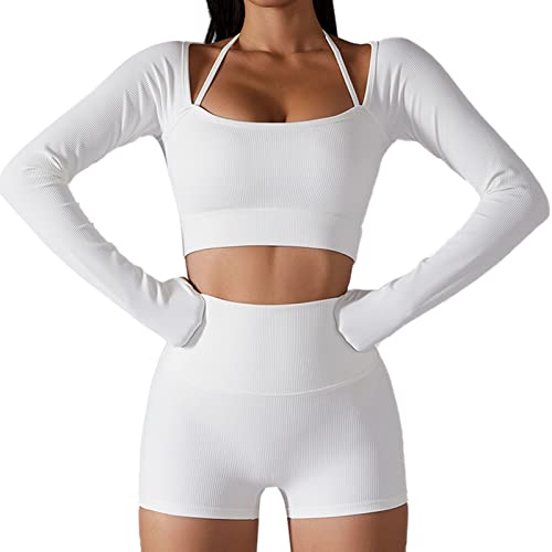 Cocoarm Damen Sportanzug SportbekleidungTrainingsanzug Jogginganzug 2 Stücke Fitnessanzug Set Top Bauchfrei Neckholder Langarm Yoga Top mit Short(L-Weiß) von Cocoarm