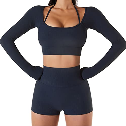 Cocoarm Damen Sportanzug SportbekleidungTrainingsanzug Jogginganzug 2 Stücke Fitnessanzug Set Top Bauchfrei Neckholder Langarm Yoga Top mit Short(M-Blau) von Cocoarm