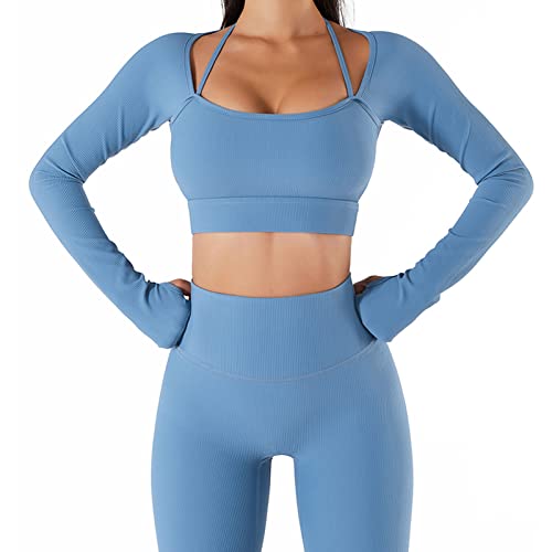 Cocoarm Damen Sportanzug SportbekleidungTrainingsanzug Jogginganzug 2 Stücke Fitnessanzug Set Top Bauchfrei Neckholder Langarm Yoga Top mit Short(S-Dunstblau) von Cocoarm