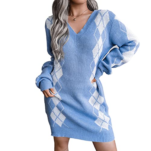 Cocoarm Damen Strickkleid V Ausschnitt Langarm Pulloverkleid Rhombus Plaid Langer Pullover Elegante Winterkleid Freizeitkleid Sweaterkleid Jerseykleid Herbst Winter(L-Himmelblau) von Cocoarm