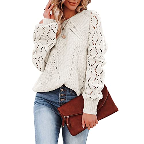 Cocoarm Damen Strickpullover Langarm Häkelpullover Pullover Rundhalsausschnitt Hohlhäkelpullover Stilvoll Elegant Reine Farbe Lose Lässig Hohlstrickpullover für Herbst Winter(S-Weiß) von Cocoarm