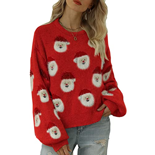 Cocoarm Damen Strickpullover Rundhals Langarm Gestrick Pullover Lustigen Weihnachten Strickpulli Strickwaren Casual Lose Pulli Sweater mit Santa Muster(m-rot) von Cocoarm