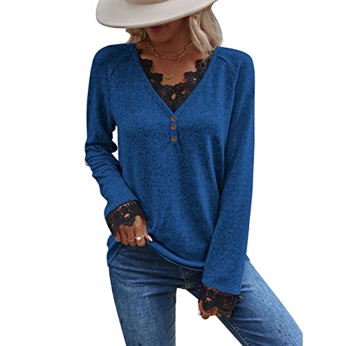 Cocoarm Damen Strickpullover Spitze V-Ausschnitt Langarm Strickwaren Pullover Elegant Sweatshirt Casual Oberteile Locker Tops Strickpulli Freizeitbluse Streetwear(L-Blau) von Cocoarm