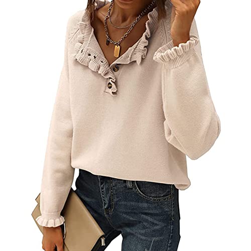 Cocoarm Damen Strickpullover mit Rüschen Langarm Pullover V Ausschnitt Strickpulli Elegant Sweater Lässig Outwear für Frühling und Herbst(S-Aprikose) von Cocoarm