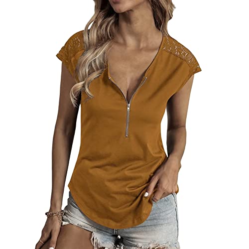 Damen T Shirt Sommer Spitze Kurzarm Sexy V-Ausschnitt Oberteile Casual Loose T-Shirt Einfarbig Elegant Top Bluse mit Halbem Reißverschluss Design(L-Khaki) von Cocoarm