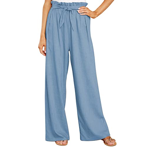 Cocoarm Damen Weites Bein Freizeithose Elegante Damenhose Lange Lounge Hosen Palazzo Hose mit Gürtel Gerades Bein Lose Lounge Pants(L-Hellblau) von Cocoarm