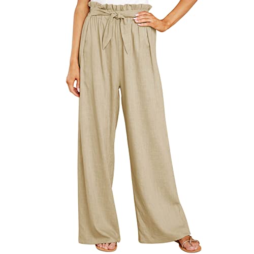 Cocoarm Damen Weites Bein Freizeithose Elegante Damenhose Lange Lounge Hosen Palazzo Hose mit Gürtel Gerades Bein Lose Lounge Pants(L-Khaki) von Cocoarm