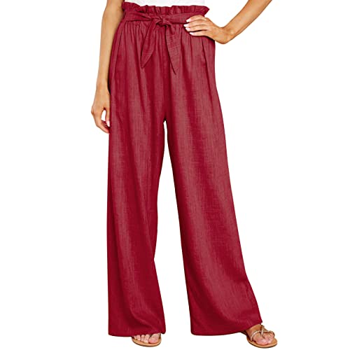 Cocoarm Damen Weites Bein Freizeithose Elegante Damenhose Lange Lounge Hosen Palazzo Hose mit Gürtel Gerades Bein Lose Lounge Pants(L-Weinrot) von Cocoarm