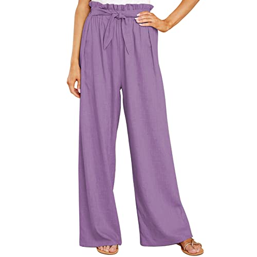 Cocoarm Damen Weites Bein Freizeithose Elegante Damenhose Lange Lounge Hosen Palazzo Hose mit Gürtel Gerades Bein Lose Lounge Pants(S-Violett) von Cocoarm