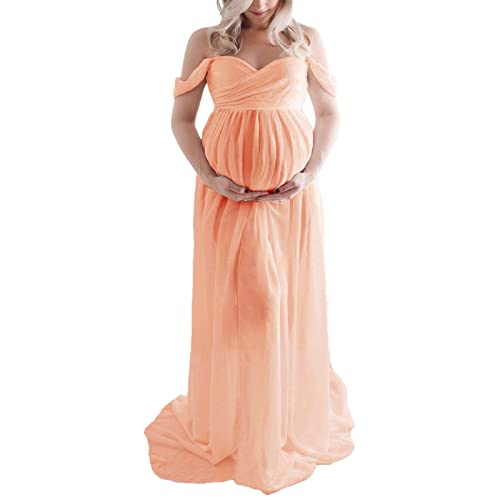 Cocoarm Elegantes Maxi-Umstandskleid für Frauen in Voller Länge, Schulterfrei, Geteilte Vorderseite, Umstandskleid für Fotoshooting, Hochzeitsfeier (M) von Cocoarm