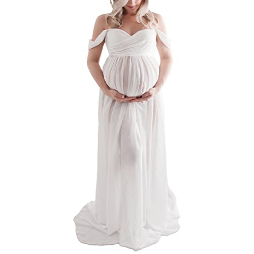 Cocoarm Elegantes Maxi-Umstandskleid für Frauen in Voller Länge, Schulterfrei, Geteilte Vorderseite, Umstandskleid für Fotoshooting, Hochzeitsfeier (M) von Cocoarm