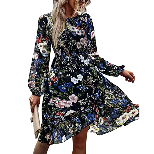 Cocoarm Frauen Frühling Herbst Blumendruck Rundhalsausschnitt Lange Laterne Ärmel Kleid Mittlere Taille Rüschensaum Lose Lässige Rockkleider(L-Schwarz) von Cocoarm