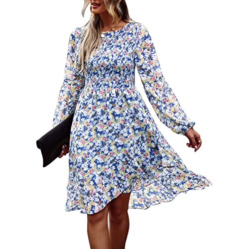 Cocoarm Frauen Frühling Herbst Blumendruck Rundhalsausschnitt Lange Laterne Ärmel Kleid Mittlere Taille Rüschensaum Lose Lässige Rockkleider(S-Blau) von Cocoarm