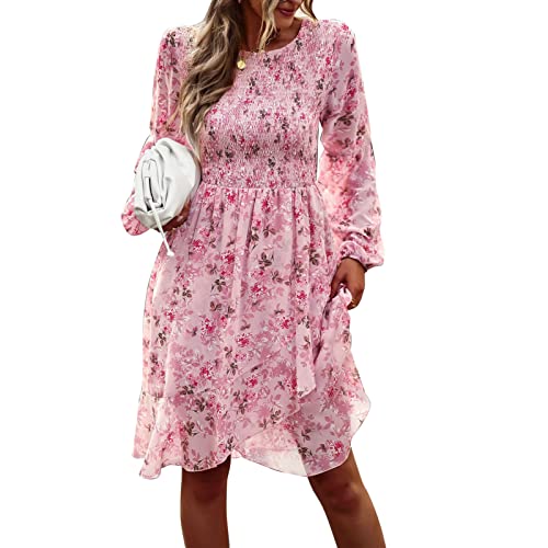 Cocoarm Frauen Frühling Herbst Blumendruck Rundhalsausschnitt Lange Laterne Ärmel Kleid Mittlere Taille Rüschensaum Lose Lässige Rockkleider(XL-Rosa) von Cocoarm