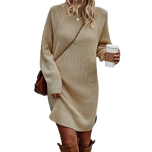 Cocoarm Herbst Winter Damen Strickkleid Stehkragen Pulloverkleid Lange Ärmel Reine Farbe Einteiliger Pullover (L) von Cocoarm