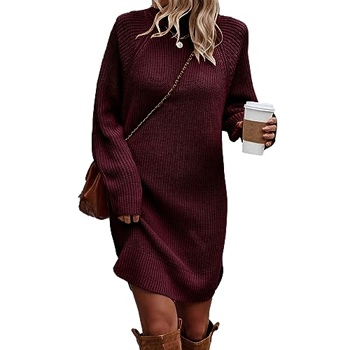 Cocoarm Herbst Winter Damen Strickkleid Stehkragen Pulloverkleid Lange Ärmel Reine Farbe Einteiliger Pullover (XL) von Cocoarm